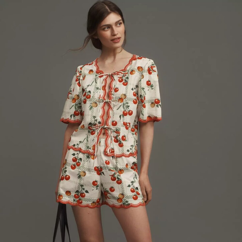 Anthropologie Maeve Veggie Bloom Embroidered Scallop-Hem Shorts